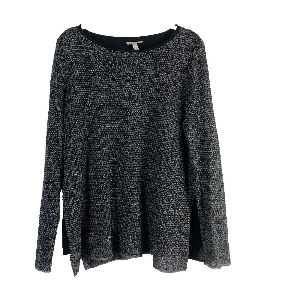 Eileen Fisher L Shirt Knit Layered Grey Black Speckle Round Neck Linen Blend